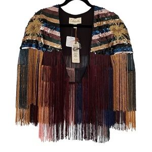Free People x Cleobella sequined cropped jacket with multicolor fringe
